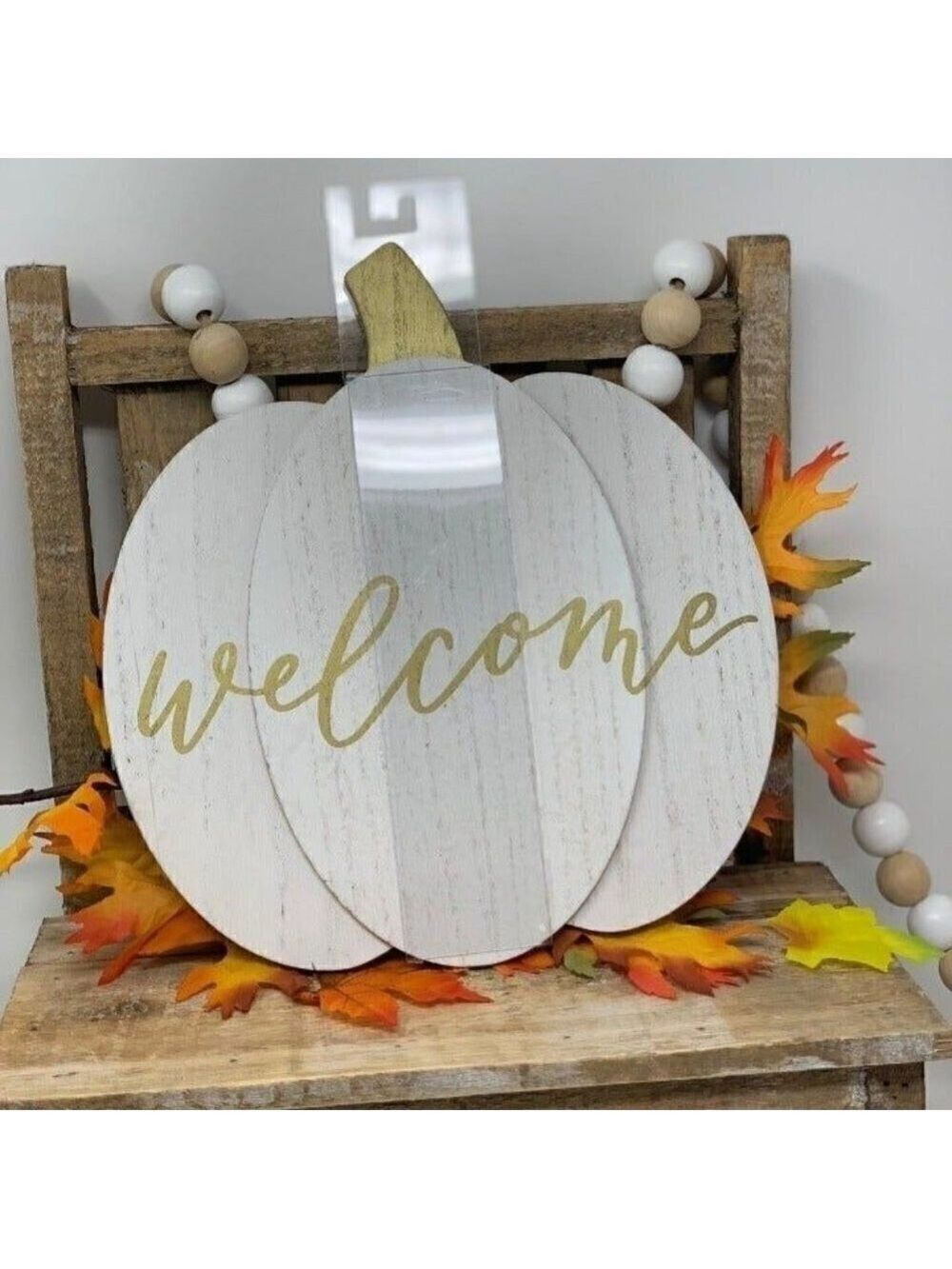Fall Welcome White Pumpkin Door Wreath Decor 10 inch Home Decor Gold - Picture 4 of 8